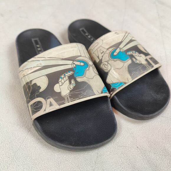 Prada Slide Sandals Mens 8 White Blue Robot Monkey Graphic Rubber Slip On - Picture 1 of 7